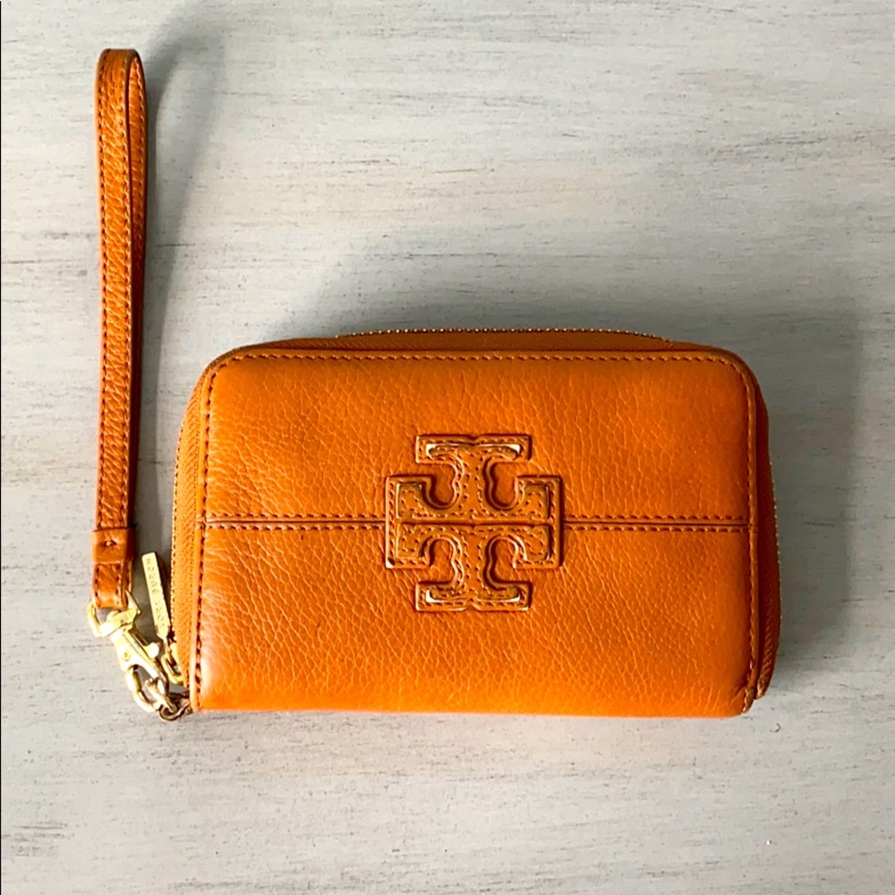 Tory Burch brown / camel used wristlet wallet